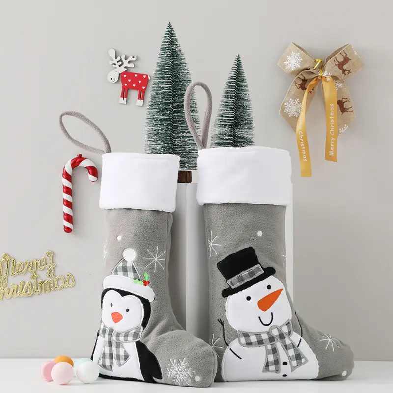 Fleece Christmas Stocking with Printed Penguin and Reindeer Santa's Candy Bag Perfect Christmas Gift Bag for Holiday Parties Decorative Accessories