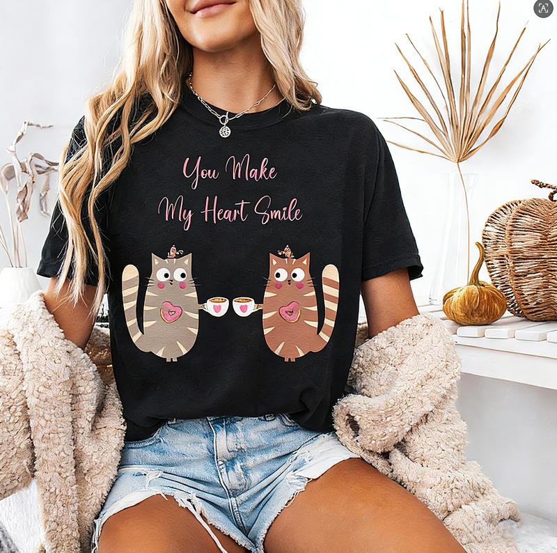 Cute Cat Valentine Shirt, You Make My Heart Smile Cat Tee, Romantic Cat Lover Gift, Valentine Day Shirt for Her, Cat Couple T-Shirt