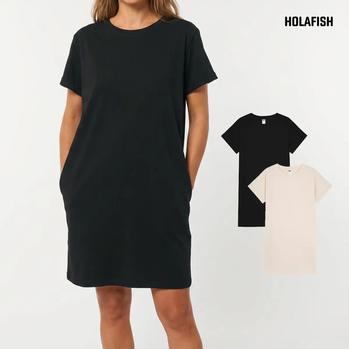 Holafish Women's Flowy T-Shirt Dress, Casual Solid Milk Silk Short Sleeve, Elegant Knee Length Pull-On for Holiday Wear, Pull-On Fit, Chic