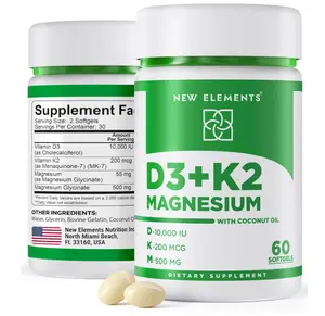 New Elements Vitamin D3 K2 10,000 IU with Magnesium Glycinate 500mg - Bone Health, Immune Support, Energy & Mood - Non-GMO, Gluten-Free, Sugar-Free Softgels for Women & Men (60 softgels)
