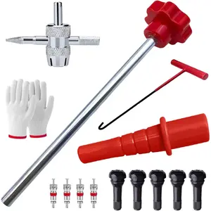 Quick Change Car Tire Valve Tool Kit, Tire Valve Stem Core Remover with Valves & 4-Way Valve Tool, Quickly Replacement Tools for Replacing Leaky Valves on Car Truck Motorcycle (Red)