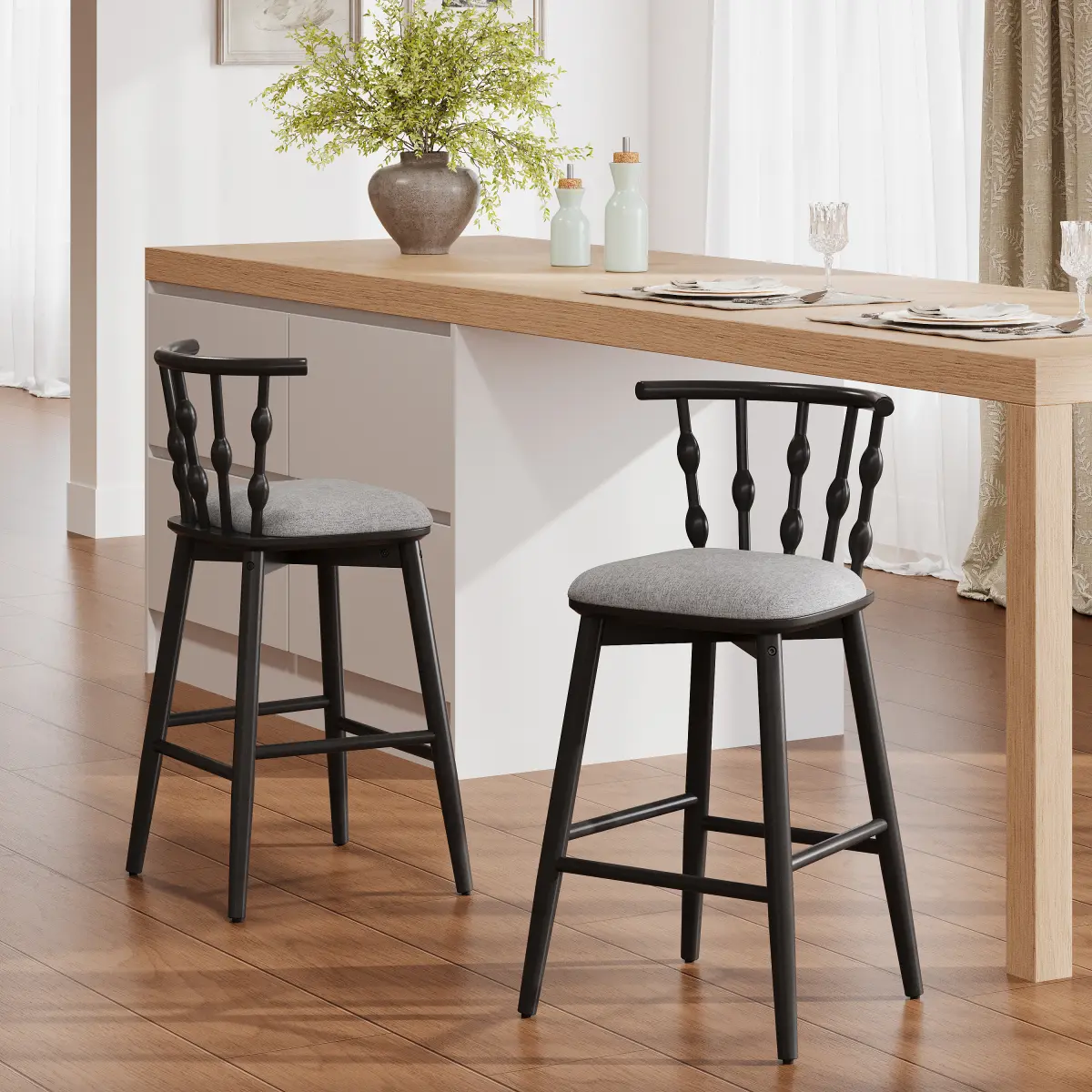 Doria Durable Rubberwood Indoor Dining Barstools - Set of 2 (2 seats, Assembly Required), Classic Modern-Traditional Artistic Hourglass Backrest with Organic Curves, Monochrome Black Finish, Plush Grey Fabric Upholstery, 20.50x19.50x39.50in, Two Seats