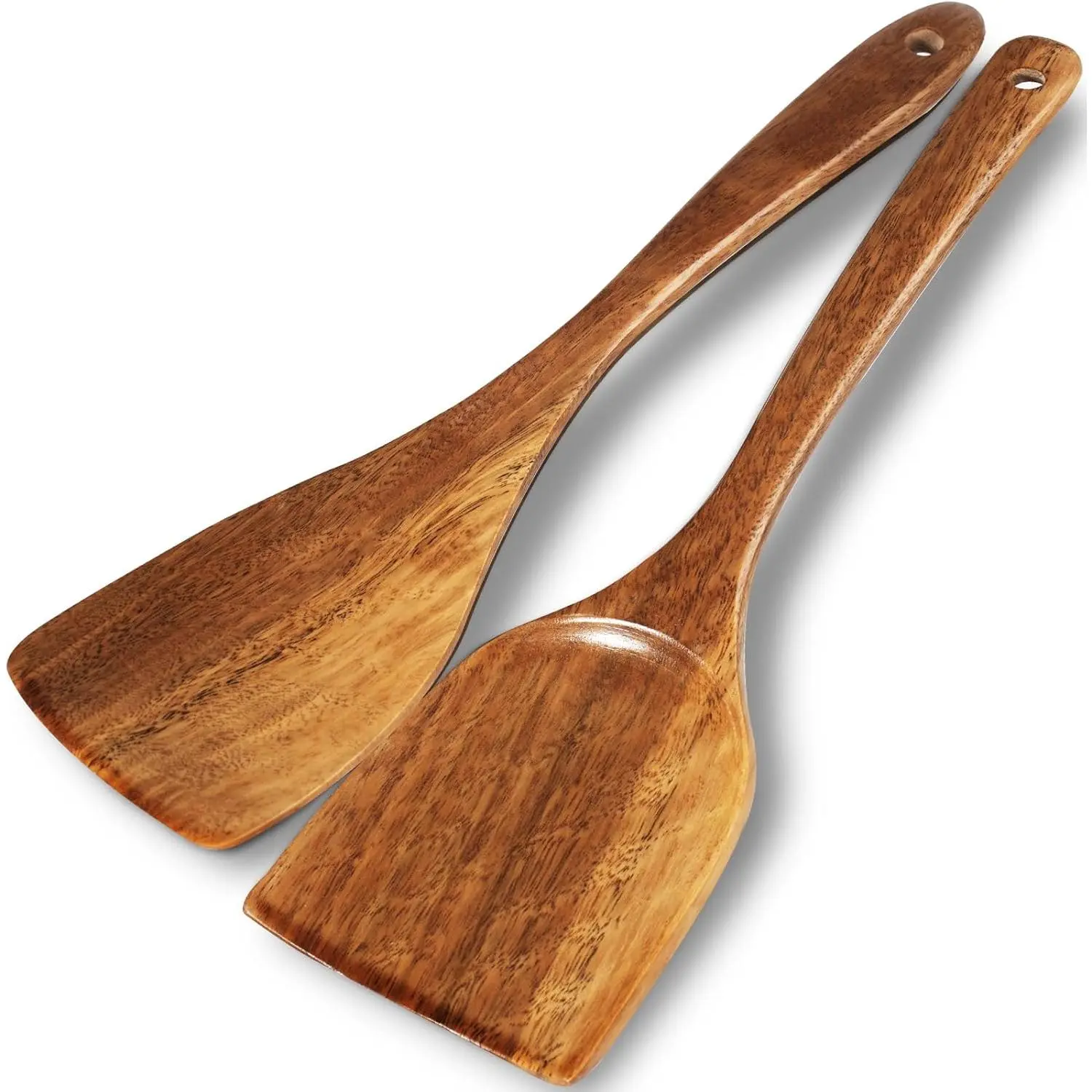 Wooden Kitchen Utensils 2-Piece Set - Natural Acacia Wood Turner, Solid Spoon, Non-Stick Pan Safe Tools for Flipping, Stir-Frying, Two Piece Set