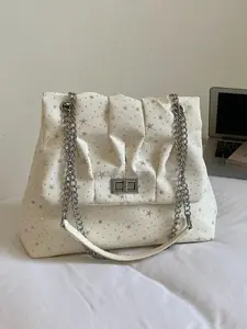 Star Print Chain Crossbody Bag, Women's Pleated Shoulder Bag, Casual Versatile Commuter Bag, Large Capacity Chain Shoulder Bag, Korean Style Star Print Bag
