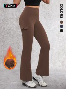 Women's Side Pocket Sporty Fitness Warm Fleece Lined Bottoms Comfortable Bell-Bottom Pants, Casual All-Season Wear Sports Bottoms