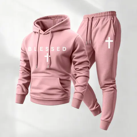 Men's Blessed Printed Hoodie and Drawstring Sweatpants Set, Menswear, Casual Athletic Long Sleeve Hooded Jacket & Trousers for Fall & Winter, Men's Clothing for Daily Wear, Sportswear Indoor Outdoor, Tracksuit, Athleisure Summer Clothes2