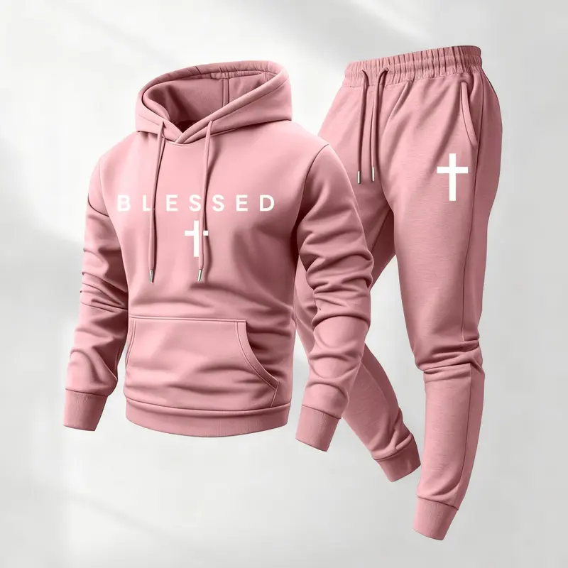 Men's Blessed Printed Hoodie and Drawstring Sweatpants Set, Menswear, Casual Athletic Long Sleeve Hooded Jacket & Trousers for Fall & Winter, Men's Clothing for Daily Wear, Sportswear Indoor Outdoor, Tracksuit, Athleisure Summer Clothes2