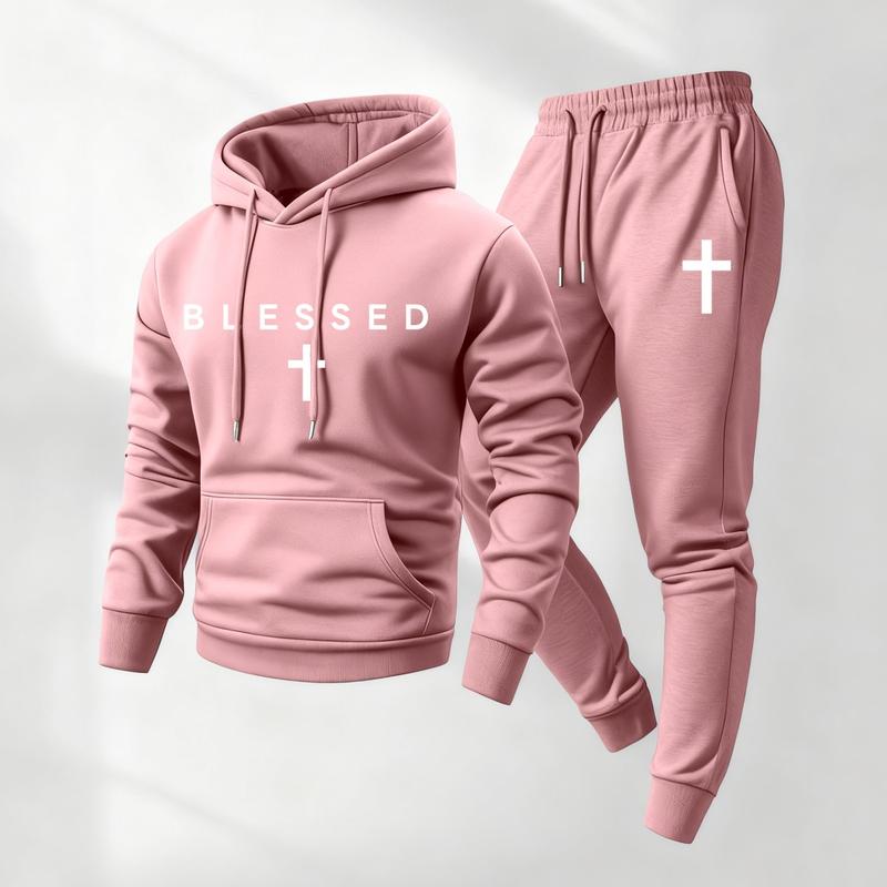 Men's Blessed Printed Hoodie and Drawstring Sweatpants Set, Menswear, Casual Athletic Long Sleeve Hooded Jacket & Trousers for Fall & Winter, Men's Clothing for Daily Wear, Sportswear Indoor Outdoor, Tracksuit, Athleisure Summer Clothes2