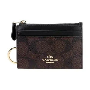 COACH Skinny ID Case for Women – Monogram-Print Coated Canvas and Smooth Leather Cardholder with Key Ring, Dark Brown