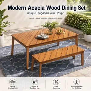 Super Acacia Wood Dining Set 3 Piece Outdoor Table Bench Set with 2 Benches Natural Picnic Beer Table for Patio Porch Garden Poolside Indoor Outdoor Furniture Backyard Deck Dining Bench Set for Family Gathering