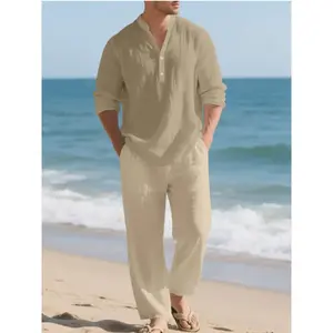 Men’s high-quality linen set featuring a beach button shirt and casual loose pants, suitable for spring and summer, made from comfortable, breathable fabric.