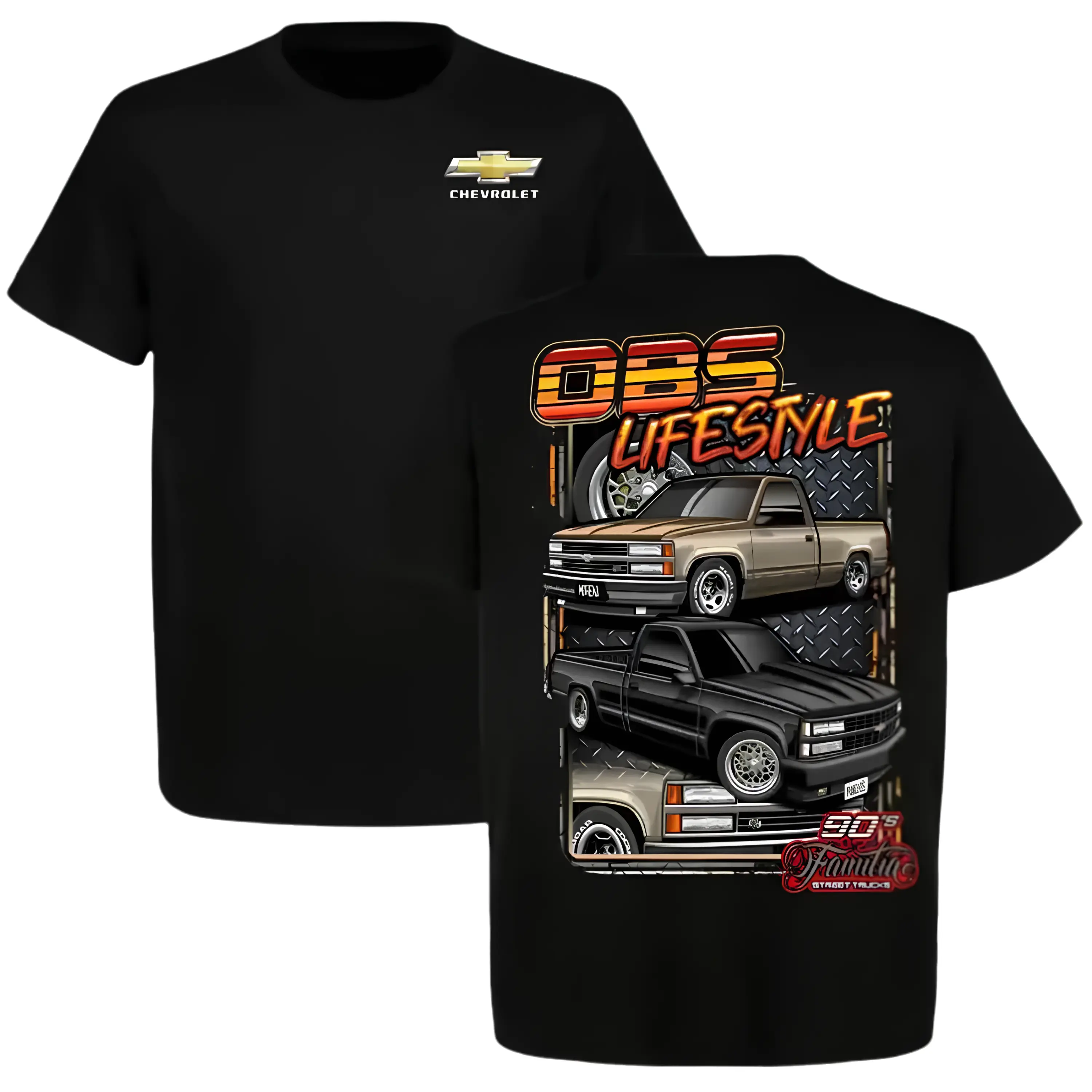 OBS Lifestyle Men's Chevy C1500 Streetwear T-Shirt - 2-Sided 90s Familia Logo Print, Cotton Fabric, Classic Fit, Short Sleeves, Casual Top