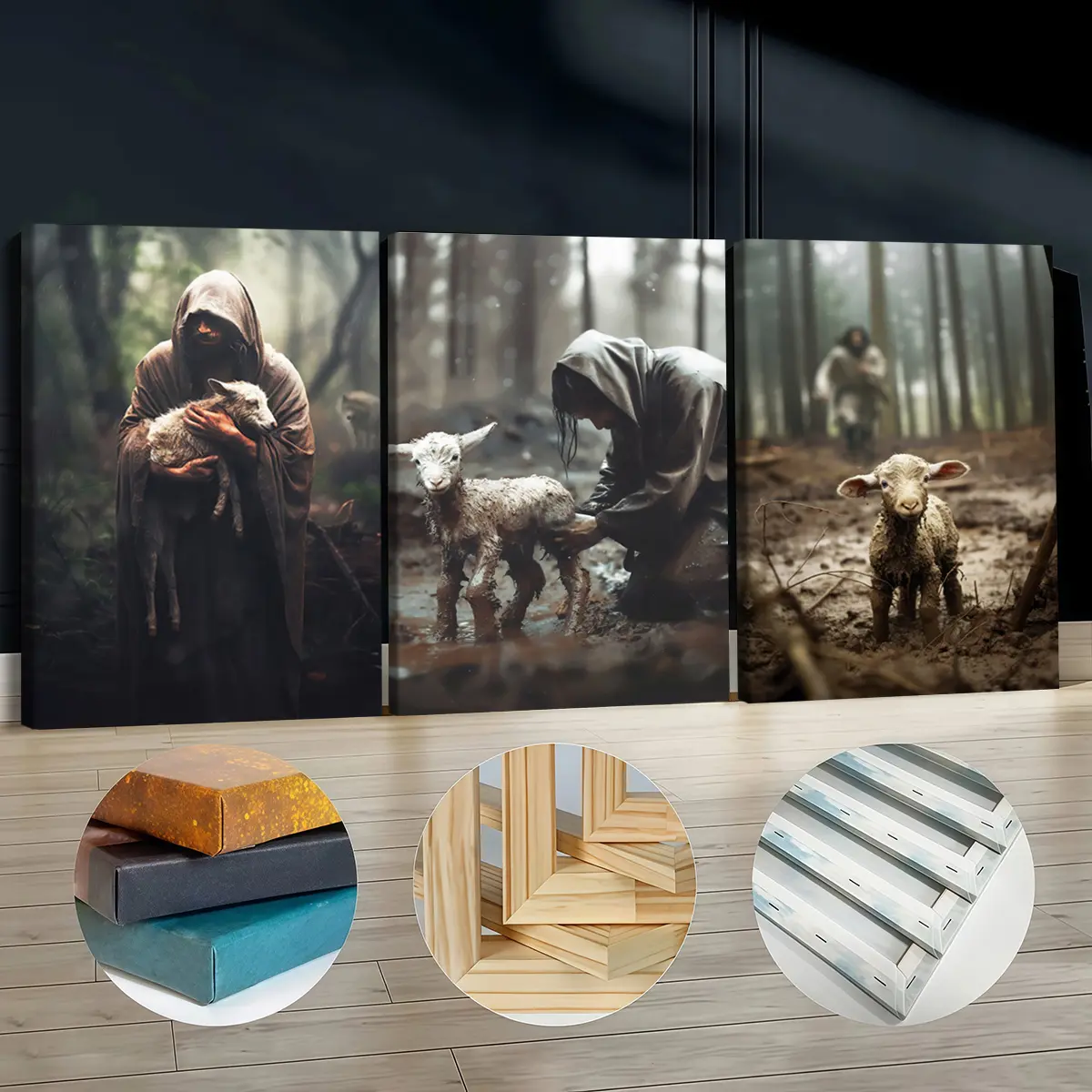 3Pcs Artistic Wooden-Framed Canvas Print Set - Religious Lambs & Jesus Wall Art, Odorless All Seasons Room Decor for Living Room, Bedroom, Bars, Lambs Scene