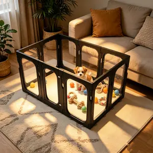 Acrylic Clear Dog Playpen Indoor with Door, 26'' H Transparent Dog Play Pen for Small Dogs, No-Connector Modular Puppy Playpen with Integrated Suction Cups Base, 10 Panels, Black
