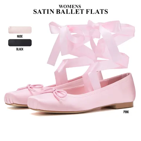 CYNLLIO Womens Satin Ballet Flats Closed Square Toe Chunky Flat Block Heel Elegant Lace Up Bownot Ribbon Ballerina Pumps Strappy Mary Janes Slip On Comfy Wedding Party Casual Work Dating Fashionable Summer Flat Shoes