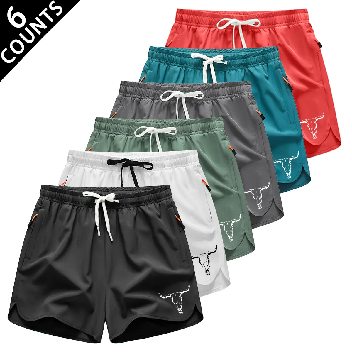 Men's 6-Piece Gym Shorts, Iconic Bull Head Design, Lightweight Breathable Fabric, Elastic Waist Drawstring, Zippered Pockets, Suitable for Running & Gym Training, Men's Gym Shorts