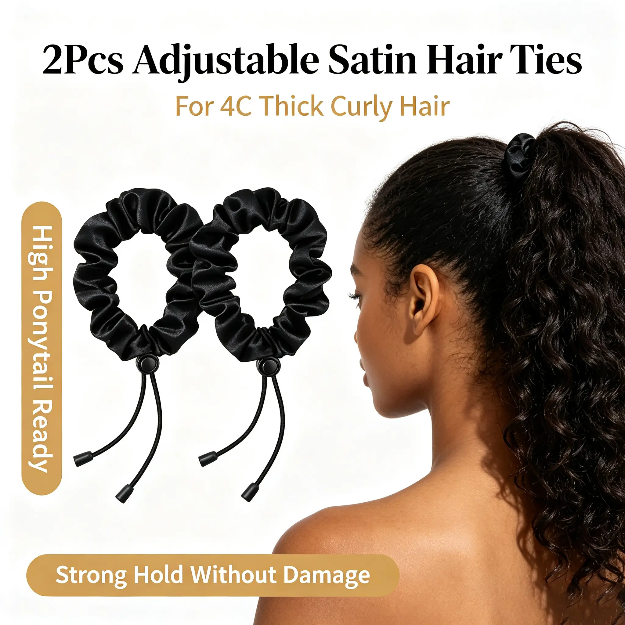 2Pcs Adjustable Satin Hair Ties for 4C Thick Curly Hair, No Damage Silk Scrunchies for Afro Puff Loc Ponytails, Elastic Hair Band for Black Women Girls (Black)