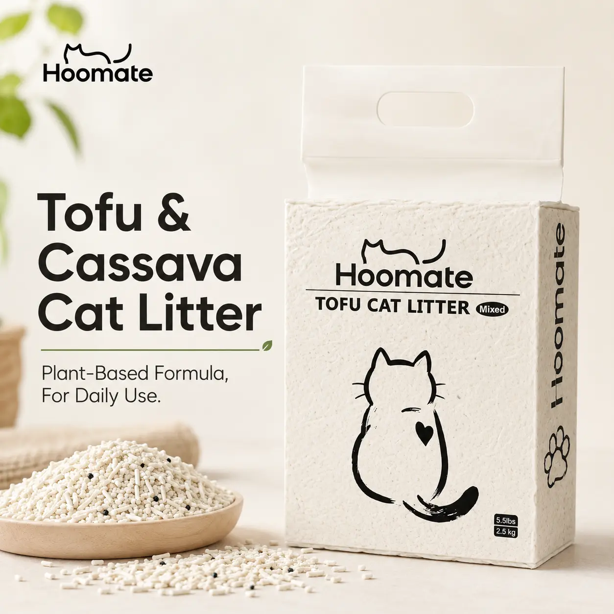 Hoomate Tofu & Cassava Cat Litter, Fast Clumping, Low Dust for Multi-Cat Homes, Compatible with Stainless Steel Litter Box