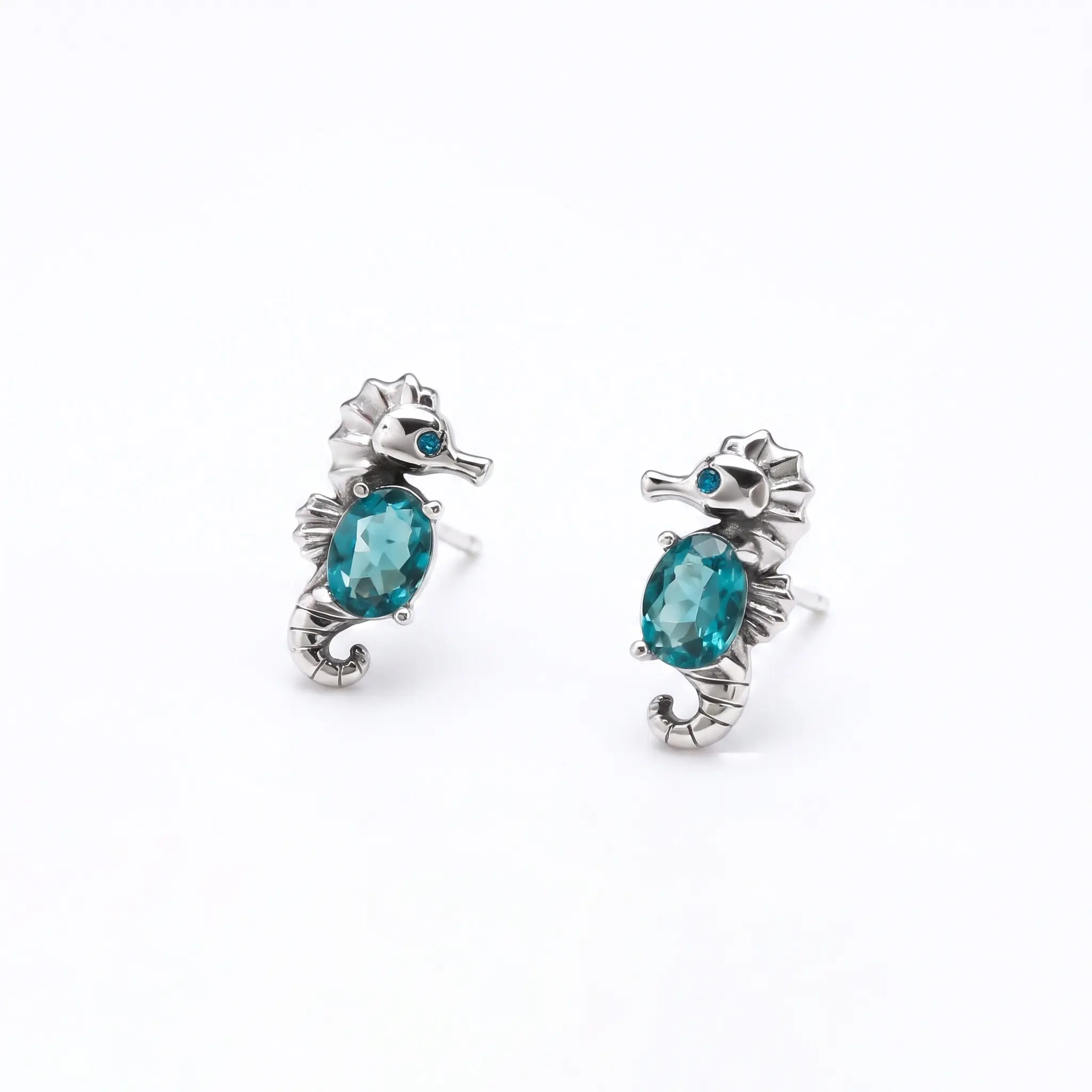 Sterling Silver Seahorse Stud Earrings - Blue Zircon Inlaid Dainty Ocean Style, Blue Crystal Embellished, Colored Cubic Zirconia, Sea Animal and Shell Motif, Blue Crystal Embellished Earrings, Colored Cubic Zirconia Earrings womens gifts