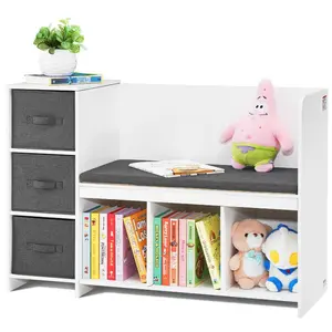 VEVOR Kids Reading Nook Bench, Toddler Bookshelf and Bookcase with Detachable Seat Cushion, 6-Cubby Storage Organizer Bench with 3 Drawers, Ideal for Playroom, Bedroom, Living Room Entryway, White