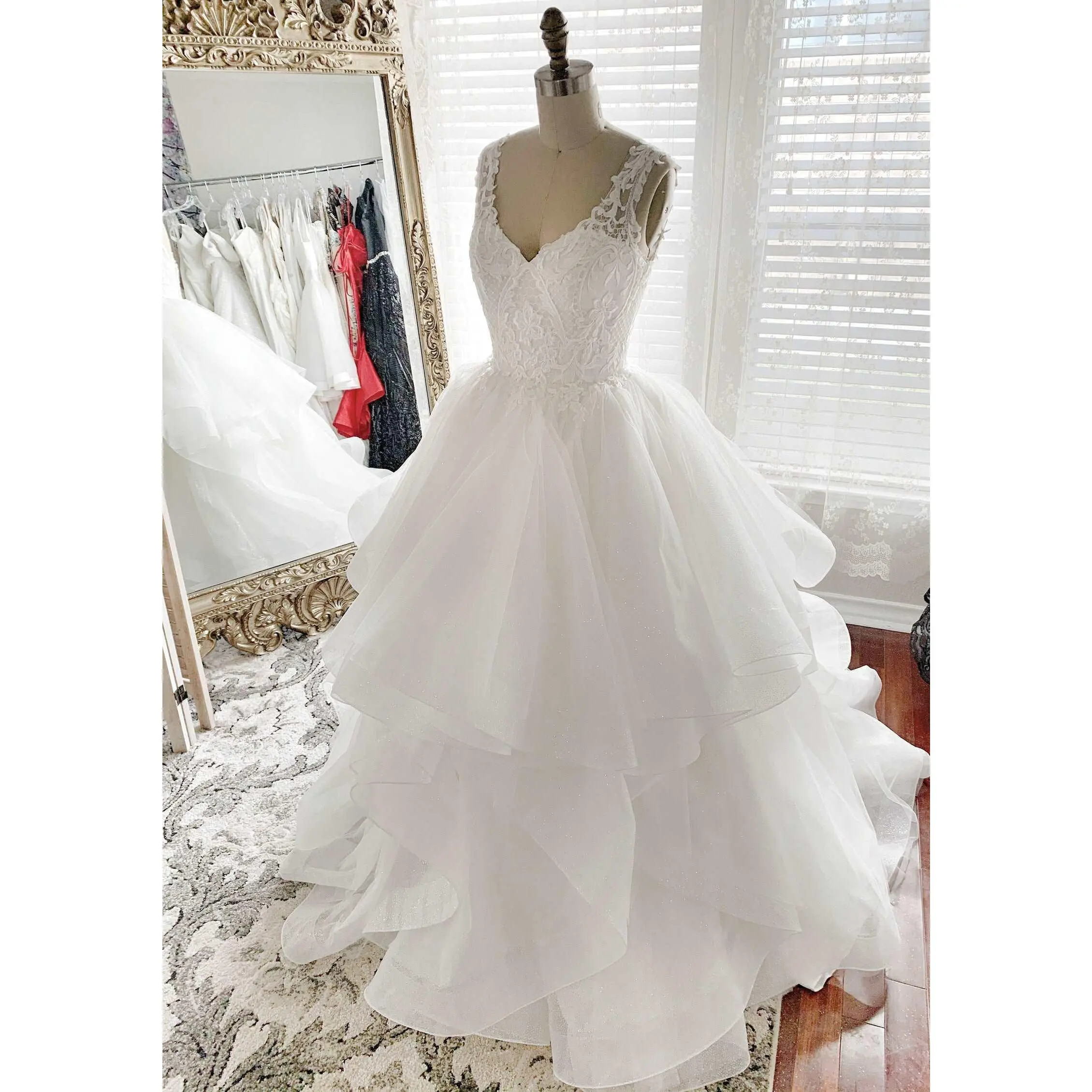 Women's Made-to-Order Bridal Long Gown - Sleeveless A-Line, Glitter Tulle Lace, Tiered Skirt, Lacy Details, Chapel Train, Zip Closure Wedding Dress, Bridal Dress