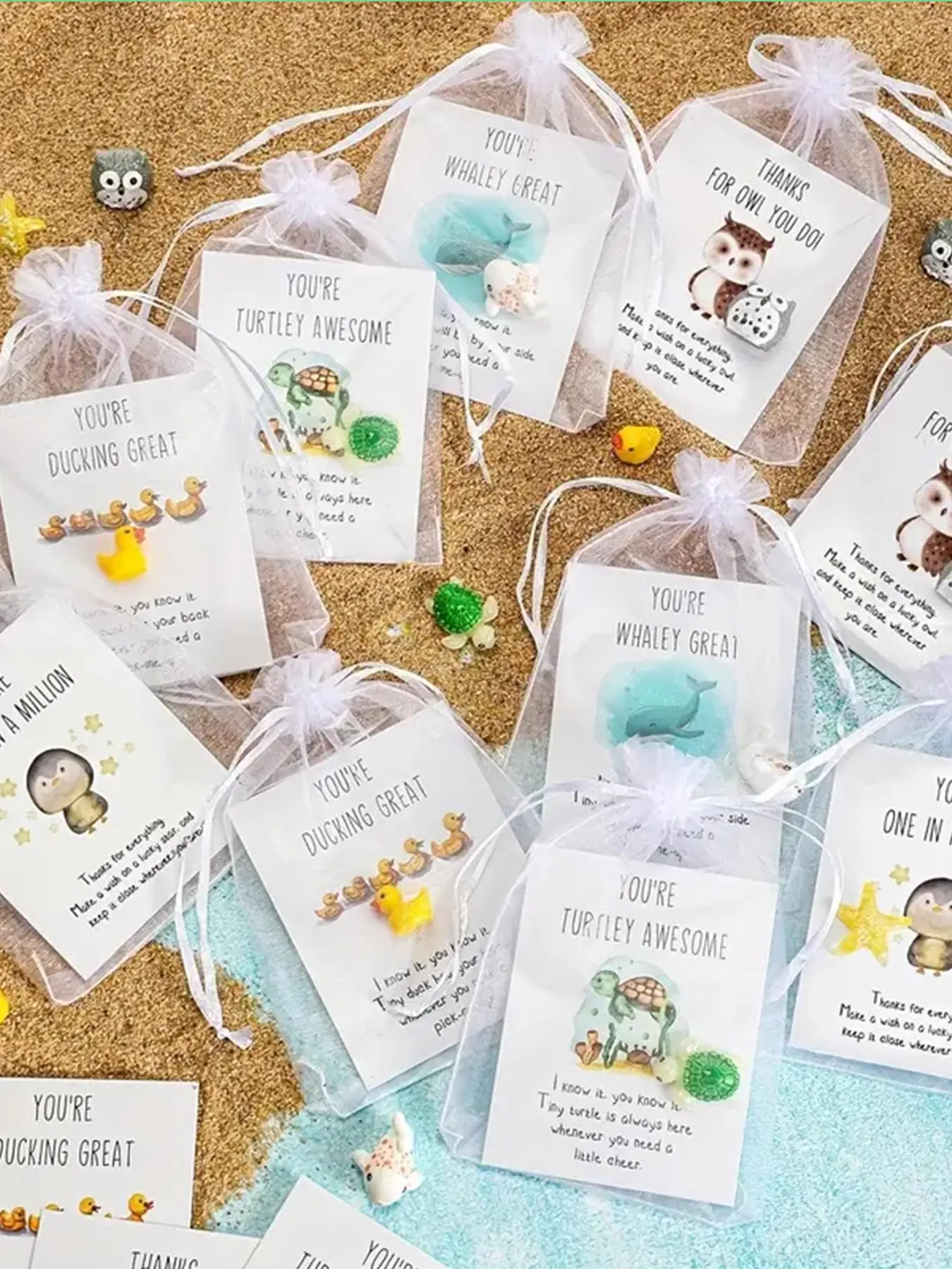 75pcs/Set Generous Set Size Employee Appreciation Gifts for Coworkers, Thank You Staff Gifts with Animal Pun Note Cards, High-Quality Materials Funny Resin Favors, Including Ducks, Stars, Whales, Turtles and Owls, Durable Card, Bulk Thank You Cards