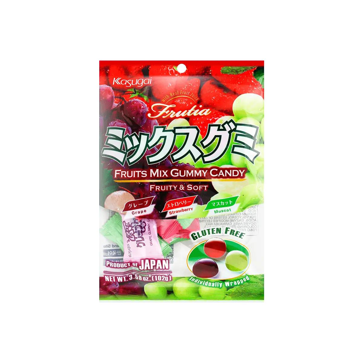 Kasugai Japanese Fruit Juice Gummy Candy Assorted Flavors 102g - Gluten-Free, Real Fruit Taste