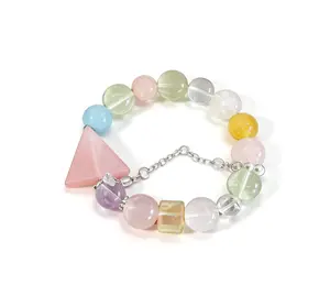 Multicolor Beaded Bracelet, Pastel Crystal Beads with Pink Triangle Charm, Adjustable Silver Chain Aesthetic Jewelry