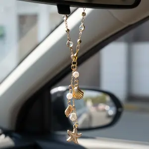 Elegant Car Rearview Mirror Hanging Ornament, Shell Starfish Design, Rhinestone Pearl Charm, Creative Auto Accessory, Fashionable Interior Decor Gift