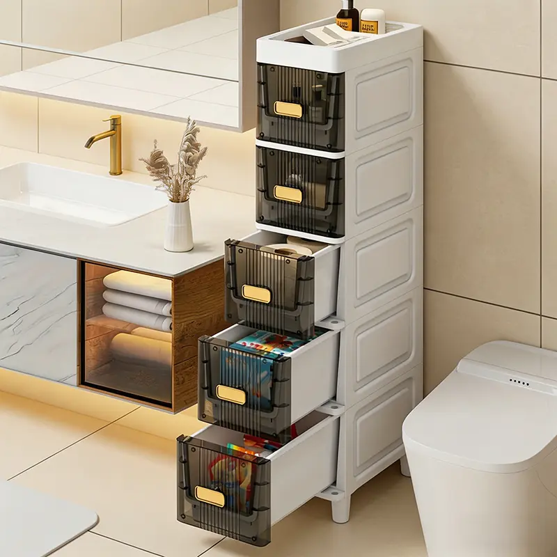 LDQ Deluxe Slim Home Supplies Storage Cabinet - Durable Waterproof PP Material, Elegant Electroplated Handles, Expandable Floor Standing Multi-Purpose Organizer for Bathroom, Kitchen, Small Spaces, Drawer Compartments, Vanity Organization