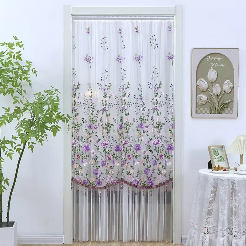 No-Drill Romantic Floral Lace Mosquito Screen (39in W x 79in H) - Embroidered Sheer Curtain with Beaded Tassels, Suitable for Bedrooms, Closets, Embroidery, Curtains