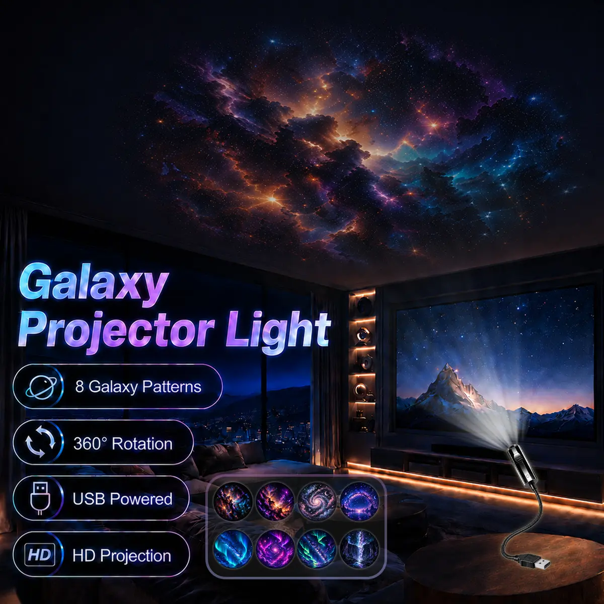 Galaxy Light Projector, USB Indoor Space Ambient Light with 8 Patterns, Cosmic Effect Decor for Bedroom Living Room - Creates Colorful Home Atmosphere
