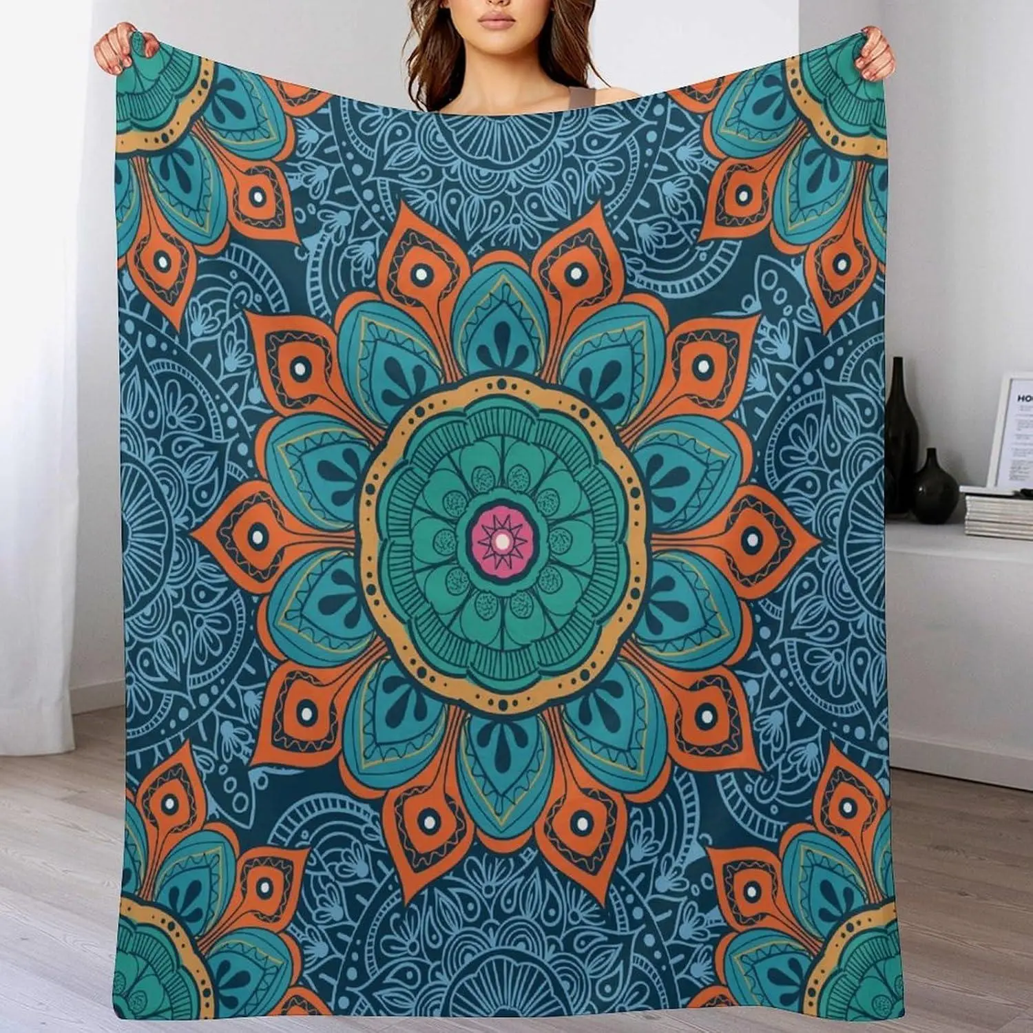 Abstract Mandala Throw Blanket - Indian Hippie Bohemian Art Floral Texture Pattern, Flower, Boho, Art Graphic, Bohemian Style, Colorful Afghan Blankets for Sofa, Bed, 50"x60", Flower Blankets
