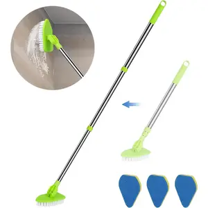 2 in 1 Scrub Cleaning Brush with 37" Long Extendable Handle,1 Stiff Bristle and 3 Sponge Brushes, Lightweigh Detachable Shower  for Cleaning Bathroom Shower Bathtub Glass Tile Floor
