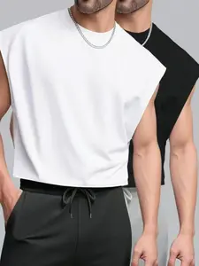 Men's Sleeveless Vest Pure Color Simple Style, 95% Cotton 5% Spandex High Stretch Breathable Fabric, Round Neck Loose Fit Medium Length 2 Pack