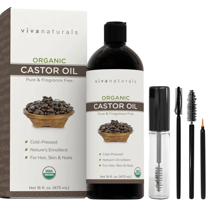 Viva Naturals Organic Castor Oil, Cold-Pressed, 16 fl oz – For Face, Hair, Eyelashes, USDA Organic, Non-GMO - With Beauty Kit