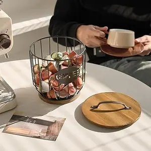 Coffee Pod Basket Holder - Large Capacity Black with Wood Lid, Display Coffee Pods & Espresso Capsules on Countertop, Rustic Wire Mesh Storage Bin with Decorative Wood Cover for Kitchen Decor