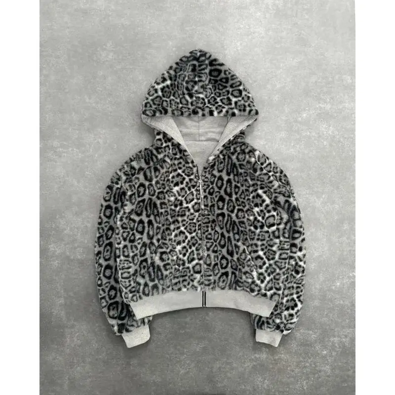 New Two-sided Clothing Harajuku Retro Leopard Print Fashionable Loose Zipper Hoodie Men Street Hip-hop Casual Sweatshirt Women