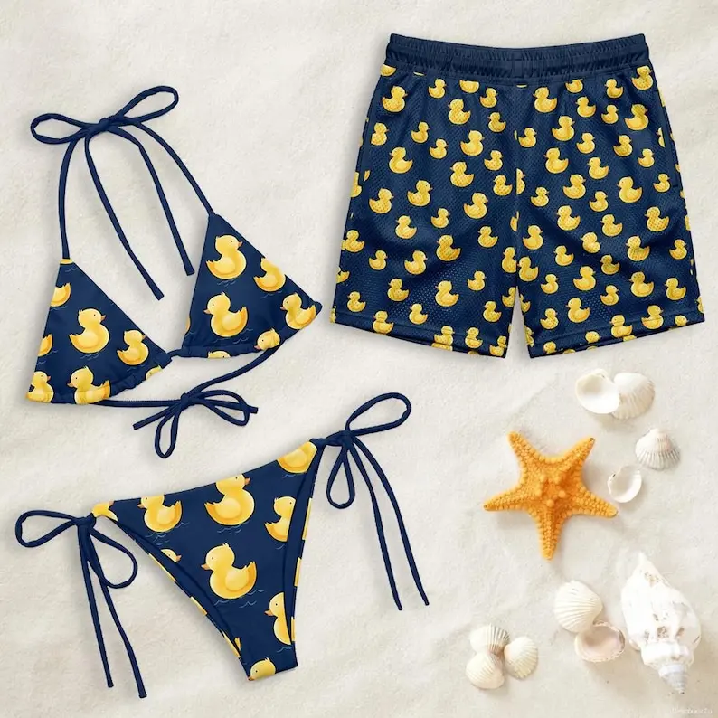 Hawaiian Shorts & Bikini Set, Rubber Duck Print Bikini Set & Hawaiian Shorts, Summer Beach String Bikini & Hawaiian Shorts, Gift for Men Women