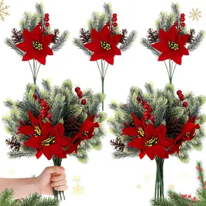 6 Bundles Artificial Christmas Poinsettia Bouquets with Berries, Pinecones, and Needles, Winter Floral Decor for Tree, Vase Filler, Table Centerpiece, Home Ornament