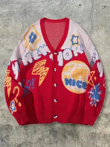 Men's Earth Print V Neck Sweater, Long Sleeve Loose Fit Knitwear, Casual Street Style for Spring & Fall, New Arrival Fashion Top