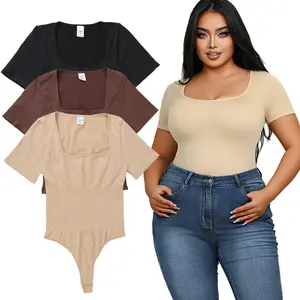 One-Piece Tummy Tucking Bodysuit Comfort Short Sleeve Tops Shapewear for Women Soft Square Neck Simple Comfy Snatched Waistline Plus Size XL-4XL
