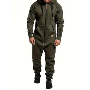 Men's Hooded Jumpsuit, Fleece Lined Long Sleeve Full Zip with Kangaroo Pocket, Suitable for Spring Travel to The Seaside