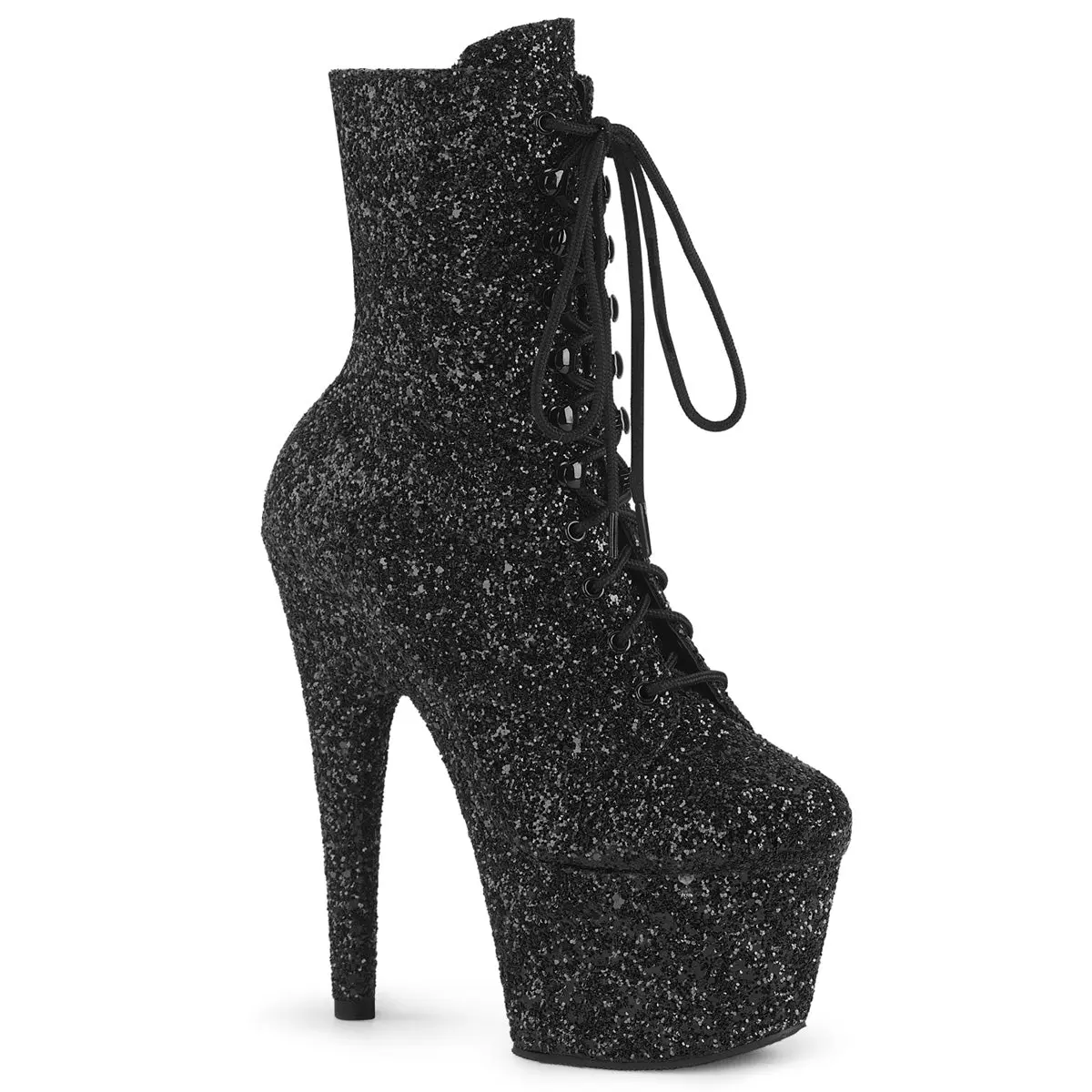 Women's 7-in High Heel Lace Platform Footwear - ADORE-1020GWR Black Glitter, Chic Boots, Zip, Ankle Boot, Glitter Finish, Shoe, No, Height Increase Solutions