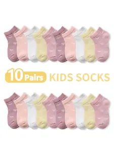 10 Pairs Kids Socks, Solid Color Heart Mesh Breathable, Unisex Mid-Calf, Casual Daily Wear, Japanese Style Trendy Socks for Boys and Girls, Casual Stylish Socks, Youth Socks