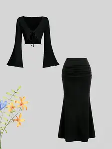 Women's Fashion Solid Color Cardigan & High-Waisted Bodycon Skirt Set, Casual Elegant for Spring Summer Fall Winter Wear