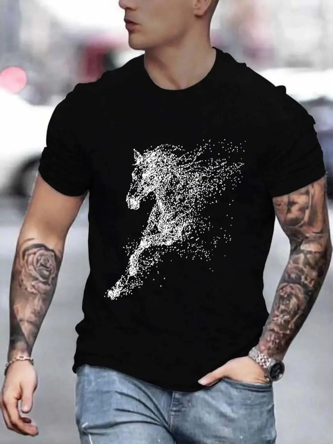 Men's Horse Print Round Neck Tee Summer Clothes, Thin Loose Animal Graphic Crew Neck Short Sleeve T-Shirt for Men, Hipster Men Clothes for Streetwear