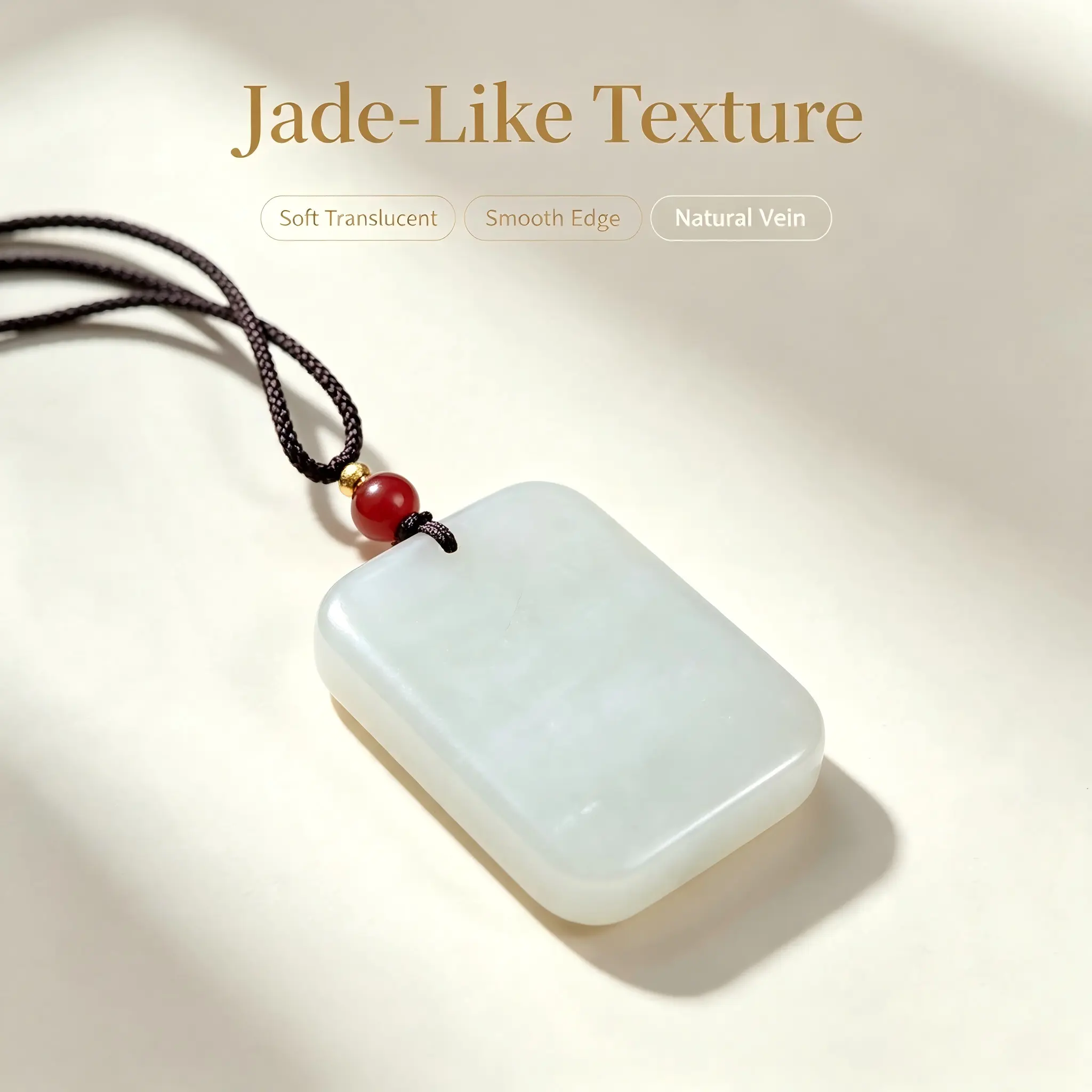 Translucent Plain Jade Plaque Pendant, Traditional Oriental Collectible Craft Ornament, Wearable Rectangle Hanging Decor Necklace with Adjustable Cord