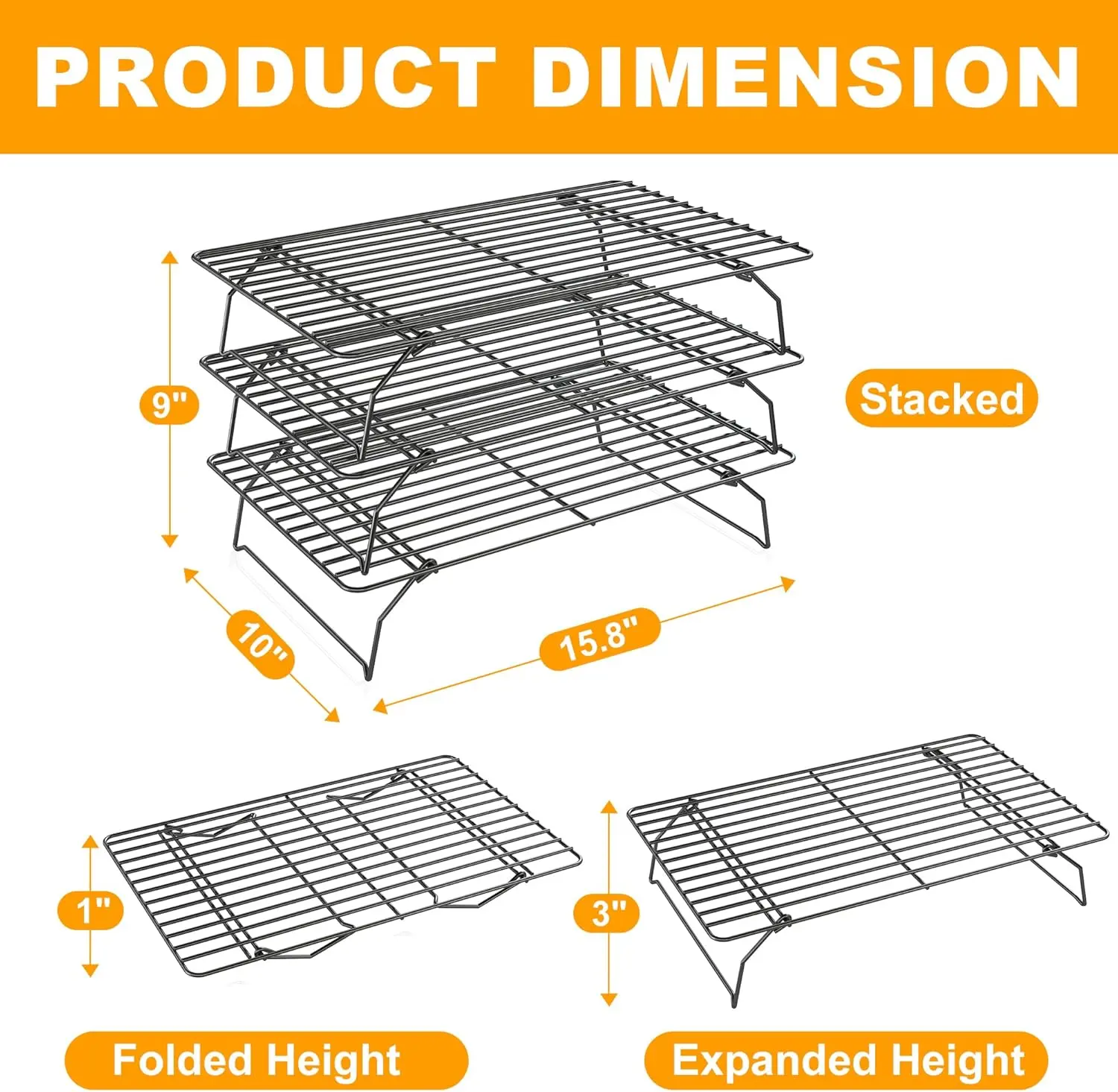 3 Tier Stackable Cooling Rack for Batch Cooling Cookie, Pizza, Cake-15.8”x 10”- Heavy Duty Cooling Racks for Cooking and Baking, Oven and Dishwasher Safe...
