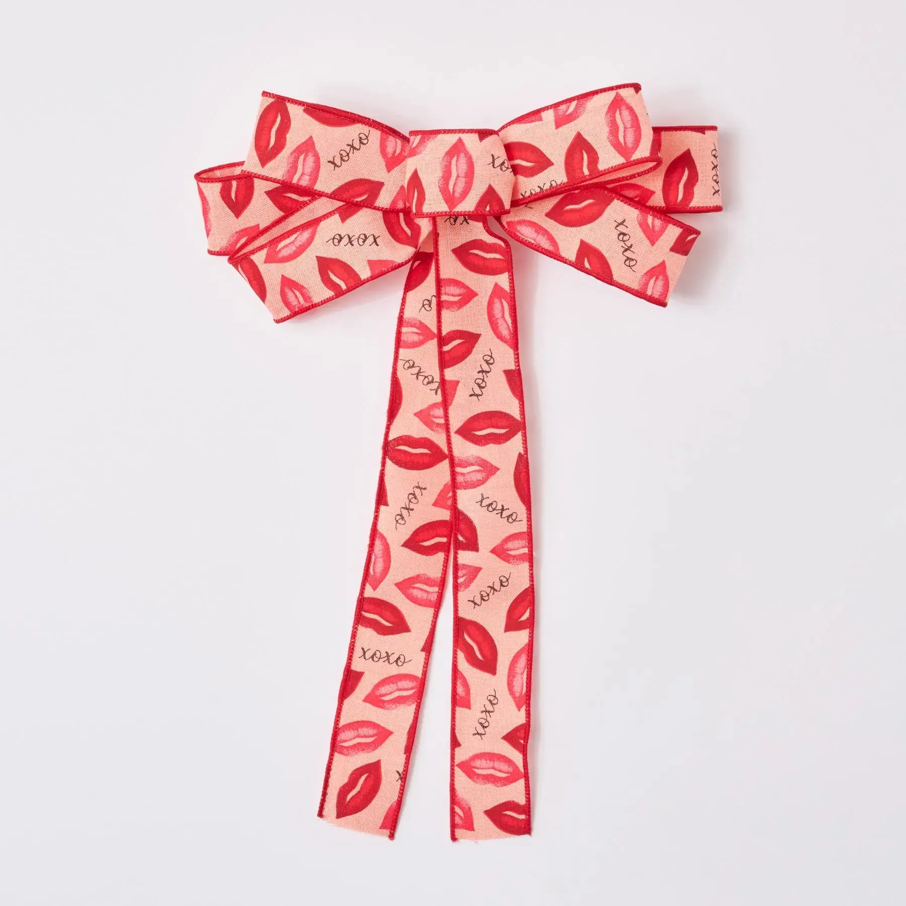 Artisan-Crafted XOXO Pink-Red Lips Valentine's Day Hand-Tied Bow, 14" Long x 9" Wide, 90" Ribbon Ribbons Gifts & Wrapping, Attaches with Green Floral Wire